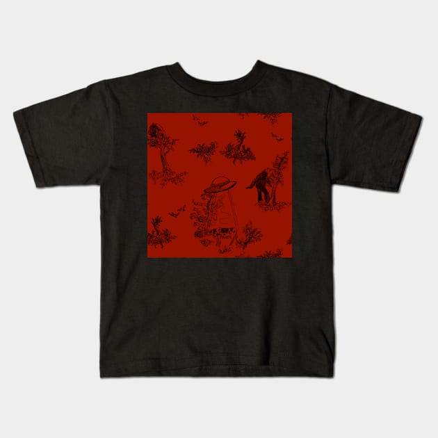 Goth Cryptid Pastoral Mothman Bigfoot and Aliens Toile Print Kids T-Shirt by JamieWetzel